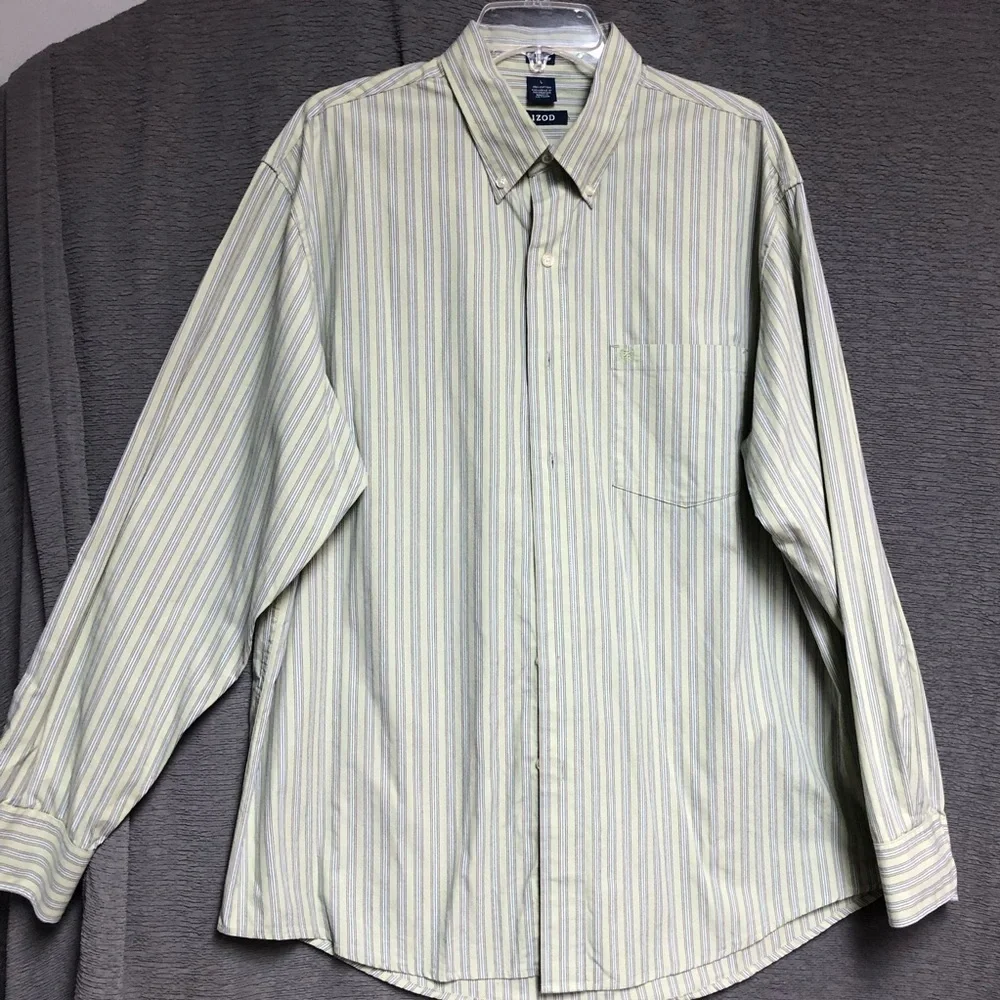 Izod. large green shirt with beige white and blue stripes has pocket